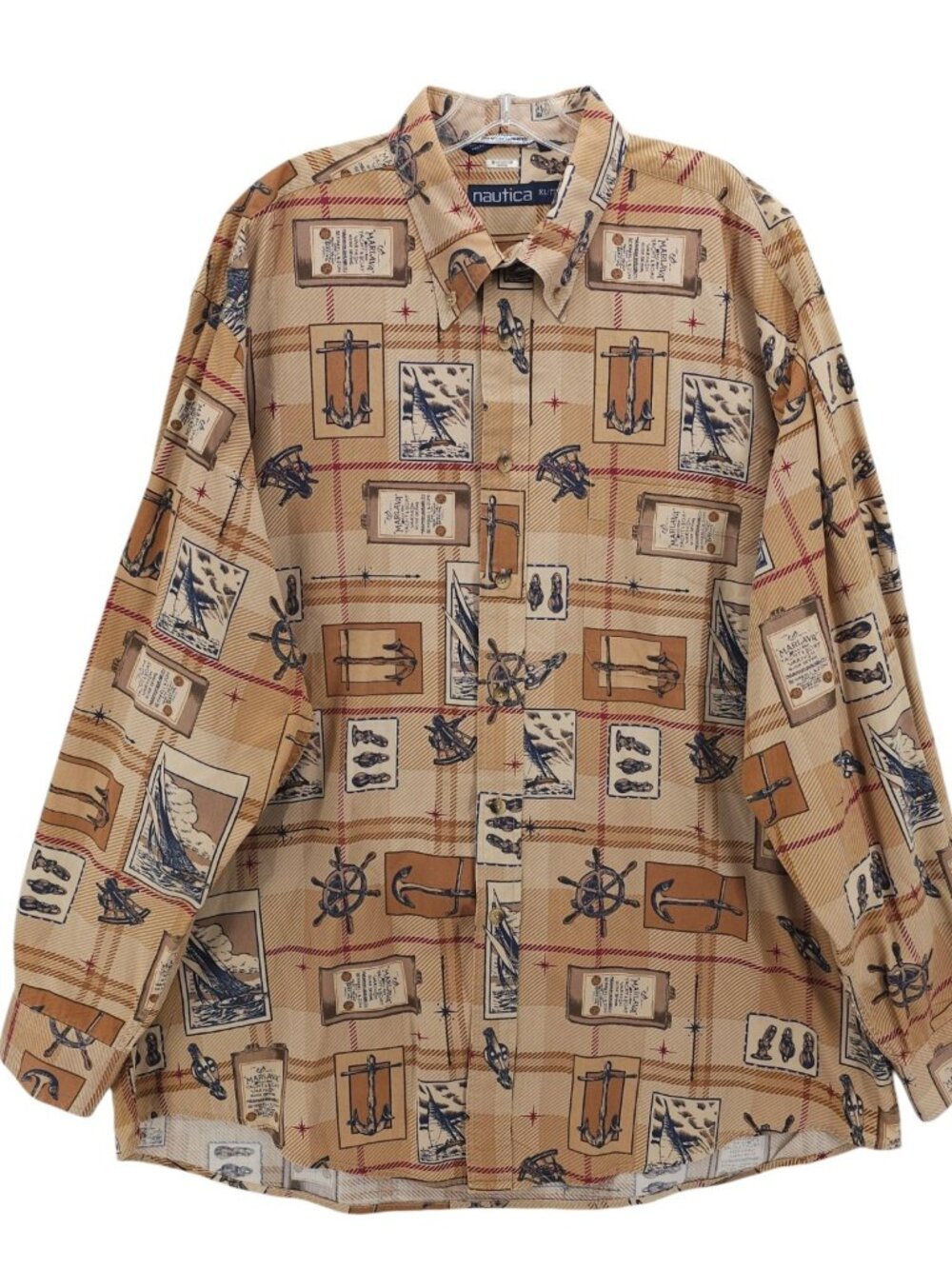 Vintage NAUTICA Shirt Long Sleeve Nautical All Over Print Size XL - SMALL HOLE!
